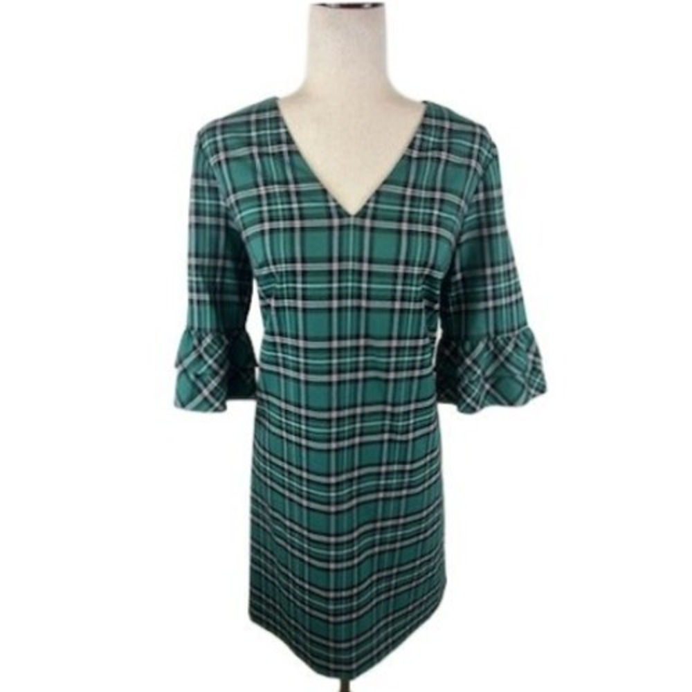 Draper James Green Plaid Dress 3/4 Bell Ruffle Sleeve Career Casual Size 10